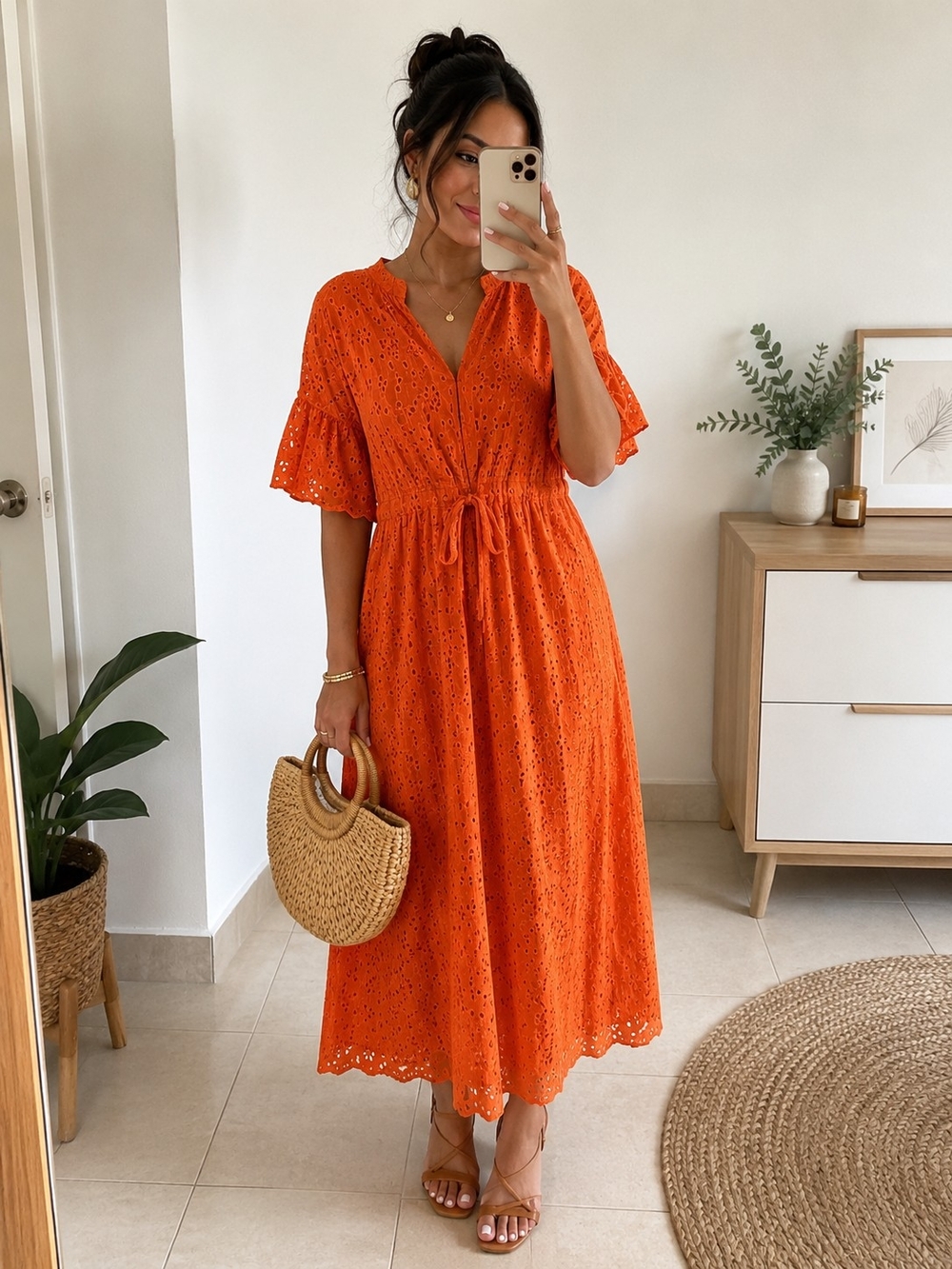 Vibrant Orange Eyelet Maxi Dress with Tie Waist
